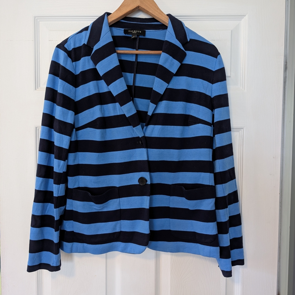 Talbots Women's Comfortable Striped Blazer in Blue and Black Size Large Petite - Picture 1 of 5